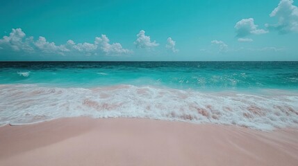 Poster - Panoramic Beach View with Turquoise Water White Waves and Blue Sky