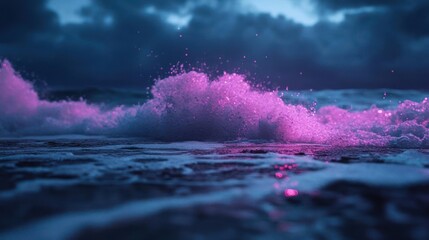 Poster - Pink Crashing Wave Against a Dark Ocean with Glowing Bubbles Reflecting on the Wet Surface