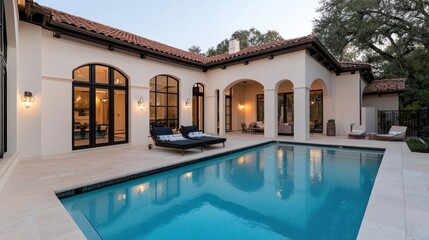 Poster - Luxury Spanish Style Estate With Swimming Pool Evening Light And Arched Doorways