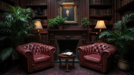 Poster - Elegant Library Interior with Red Leather Armchairs Fireplace Portrait and Bookshelves with Plants