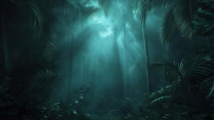 Poster - Mystical Tropical Jungle Scene Illuminated With Light Beams And Dark Green Foliage