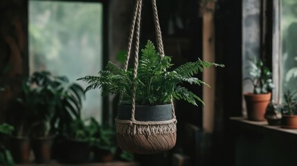 Aufkleber - Fern Plant Hanging In Woven Basket with Natural Light in Rustic Room
