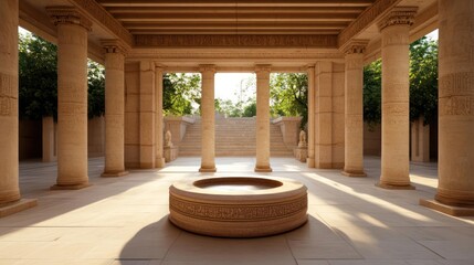 Poster - Ancient Stone Structure With Pillars Water Fountain And Green Trees Under Bright Sunlight