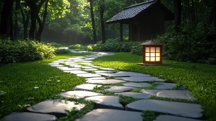 Aufkleber - Stone Pathway Leading Through Lush Green Garden With Oriental Lantern and Small Building Serene and Tranquil Atmosphere