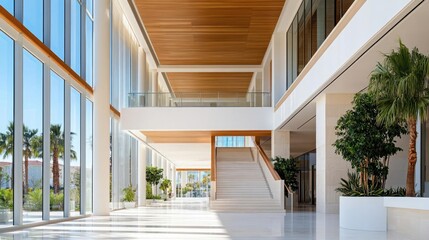Poster - Modern Interior Architecture With White Walls Wooden Ceiling and a Grand Staircase
