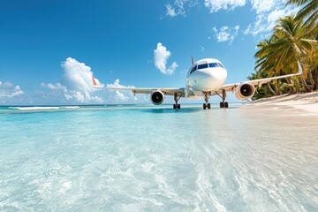 Poster - White Airplane Landing on a Tropical Beach with Clear Turquoise Water and Palm Trees