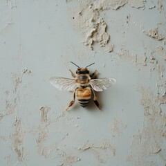 Poster - Detailed Macro Photography Of A Bee With Spread Wings Resting On A Textured Gray Wall Demonstrating Natural Patterns