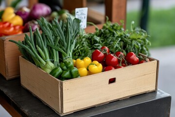 Poster - Assortment Of Fresh Organic Vegetables In A Wooden Crate Display At Farmers Market