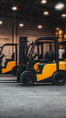 Poster - A forklift is parked in a warehouse. The forklift is yellow and black. There are several forklifts in the warehouse