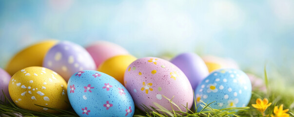 Poster - A bunch of painted Easter eggs are sitting on a grassy field. The eggs are of various colors, including blue, pink, and yellow. Concept of joy and celebration