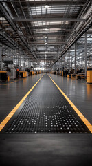 Poster - A large industrial building with a long, empty hallway. The floor is made of concrete and has yellow lines painted on it. The yellow lines are spaced out evenly along the floor