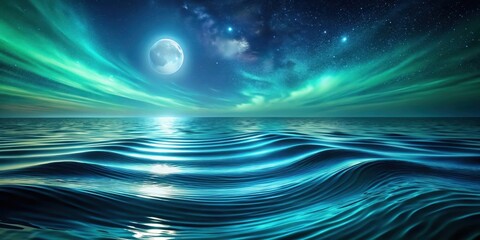 Wall Mural - Serene Nightscape Ocean Waves Under a Celestial Display of Aurora and Full Moon