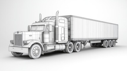 Poster - A 3D wireframe model of a semi-truck and its trailer, emphasizing the detailed design of both the truck cab and the attached trailer