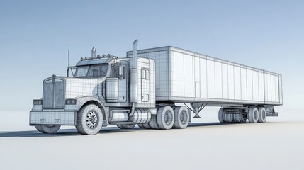 Poster - A 3D wireframe model of a semi-truck and its trailer, emphasizing the detailed design of both the truck cab and the attached trailer