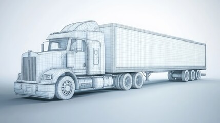 Poster - A 3D wireframe model of a semi-truck and its trailer, emphasizing the detailed design of both the truck cab and the attached trailer