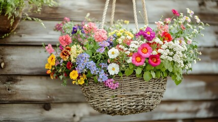 Poster - A beautiful rustic woven wicker basket overflowing with blooming flowers in vibrant hues, hanging from a rope in a natural, rustic setting.