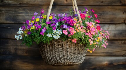 Poster - A beautiful rustic woven wicker basket overflowing with blooming flowers in vibrant hues, hanging from a rope in a natural, rustic setting.