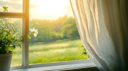 Poster - A breezy farmhouse window with soft white linen curtains gently flowing, offering a picturesque view of a sunlit green meadow beyond.
