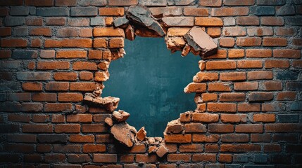 Poster - A broken brick wall with a large hole, offering a powerful visual of destruction and transformation.