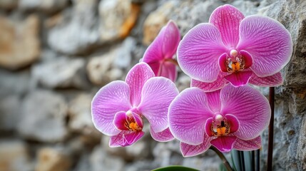 Poster - A captivating close-up of vibrant orchids in full bloom, set against a rustic stone wall, showcasing the intense colors and delicate structure of each flower.