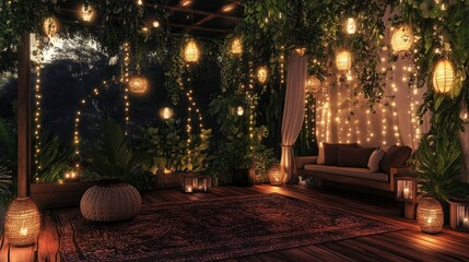 Poster - A charming boho-inspired outdoor patio adorned with hanging lanterns, twinkling fairy lights, and a cascade of lush greenery for an enchanting summer feel.