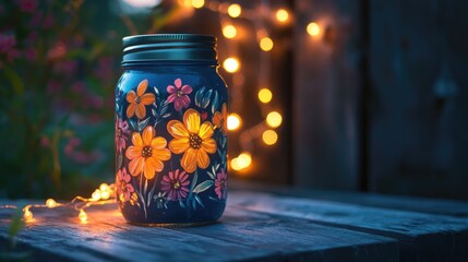 Poster - A charming mason jar craft featuring hand-painted floral designs, illuminated with fairy lights, placed on a cozy wooden surface for a perfect summer ambiance.