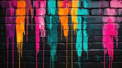 Poster - A close-up of a dark brick wall, dripping with colorful paint in shades of pink, turquoise, orange, vibrant green, and fuchsia, creating a dynamic and artistic scene.