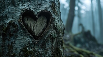 Poster - A close-up of a heart-shaped carving in the bark of an old tree, surrounded by a mystical, fog-filled forest that evokes a sense of magic and wonder.