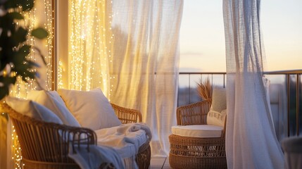 Poster - A coastal-inspired balcony with radiant fairy lights, rattan furniture, and soft white curtains swaying in the breeze, creating a peaceful retreat.