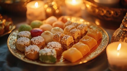 Poster - A delicate plate of traditional Ramadan sweets, illuminated by the warm light of candles, setting a peaceful and festive mood for Iftar.