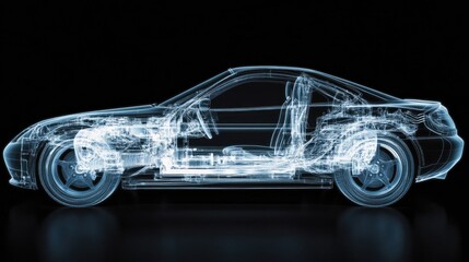 Poster - A detailed X-ray view of a car structure, with a transparent overlay revealing the internal frame and components, emphasizing automotive engineering.