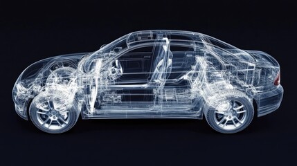 Poster - A detailed X-ray view of a car structure, with a transparent overlay revealing the internal frame and components, emphasizing automotive engineering.