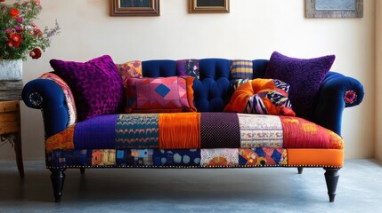 Poster - A fantasy-inspired sofa featuring a patchwork of bold colors like deep blues, purples, and warm oranges, creating a whimsical atmosphere full of vibrant energy.