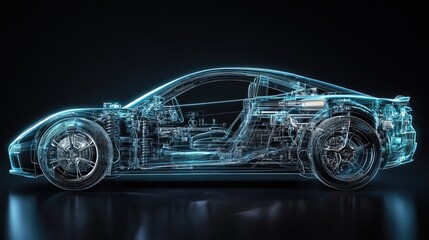 Poster - A futuristic X-ray view showing a car's internal structure, frame, and components in a transparent style, symbolizing advanced automotive technology.
