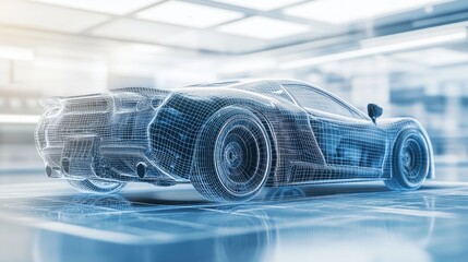 Poster - A high-tech 3D wireframe model of a sports car, displaying the vehicle's detailed design and intricate geometry against a minimalistic backdrop.