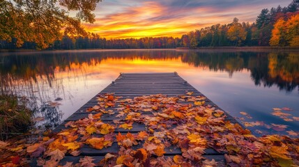 Poster - A peaceful autumn scene at sunset, featuring a wooden dock covered in colorful fallen leaves leading into a still lake, with trees in full fall color.