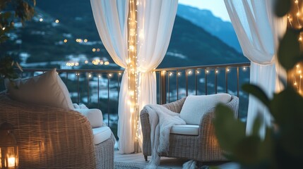 Aufkleber - A picturesque coastal balcony with soft fairy lights, elegant rattan furniture, and gently swaying white curtains, inviting relaxation and serenity.