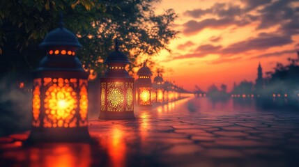 Poster - A row of glowing lanterns lining the street during Ramadan, with soft clouds drifting by in the twilight sky, creating a peaceful and festive atmosphere.