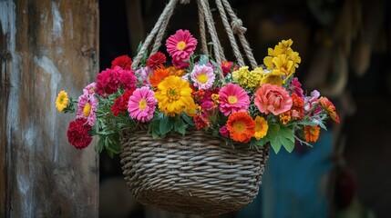Poster - A rustic woven wicker basket filled with colorful flowers in shades of red, pink, yellow, and orange, hanging from a sturdy rope, creating a charming natural aesthetic.