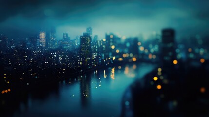 Poster - A serene and blurry night-time city scene, with a river winding through the city, reflecting the city lights in its shimmering surface.