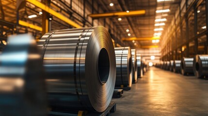 Aufkleber - A stunning view of shiny metal coils stacked in an industrial warehouse, where warm lighting enhances the modern, clean aesthetic of the space