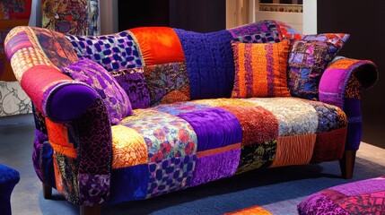 Aufkleber - A surreal, patchwork sofa in vibrant colors, blending deep blues, purples, and oranges, creating a whimsical and artistic centerpiece for any room