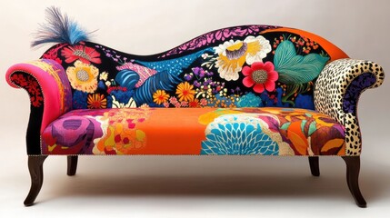 Aufkleber - A vibrant, artistic sofa with bold colors and detailed floral patterns, the backrest shaped like a curved arch with decorative feather-like accents, adding a whimsical touch