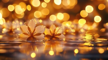 Poster - Glimmering gold flowers float serenely on water, reflecting a soft bokeh of festive lights in the background, creating a magical and vibrant atmosphere.