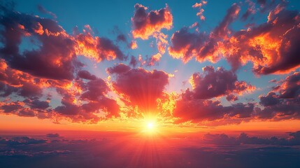 Wall Mural - Vibrant sunset with dramatic clouds and radiant sunburst over horizon