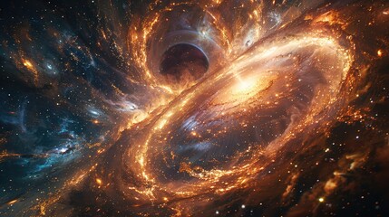 a black hole pulling in space, with swirling galaxies and stars around it. the event horizon is visi