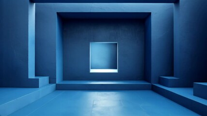 Poster - Elegant blue hallway with geometric patterns and soft glowing light in a modern architectural space