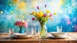 © Triple P - Rustic Table Setting with Vibrant Spring Flowers in Glass Vase and Elegant White Dishes