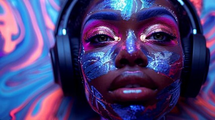 Poster - Immersive neon experience: vibrant abstract patterns and expressive face in motion