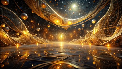 Wall Mural - Golden Celestial Tapestry A Serene Dreamscape of Intertwined Filaments and Luminous Spheres Reflecting on a Dark, Still Surface